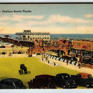 Carte postale The Pier Daytona Beach Floride Linge de plage Voitures anciennes Bâtiments océaniques Cadeau unique