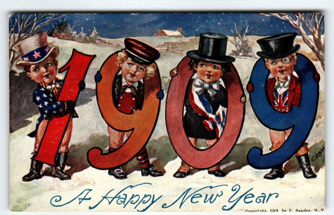 New Years Postcard Uncle Sam Child US UK Attire BIG 1909 Number Fantasy ...