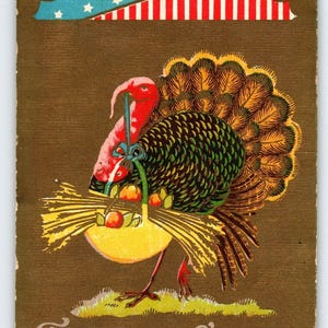 Carte postale de voeux de Thanksgiving Turquie patriotique, rayures américaines, étoiles, cadeau unique vintage