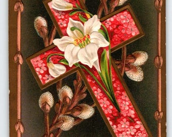 Best Easter Postcard 1900s Cross Willow Flowers Embossed Vintage Antique Germany