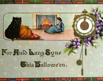 Vintage Halloween Postkarte: Schwarze Katze, Kaminuhr (1912)