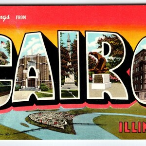 Salutations du Caire Illinois Grande carte postale chromée Lettre Curt Teich vintage