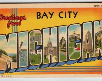 Vintage Greetings from Bay City Michigan Linen Postcard by C.T. Art-Colortone