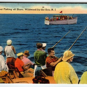 1945 Wildwood-by-the-Sea NJ Carte postale en lin Fête en bateau Pêche au large, Tichnor