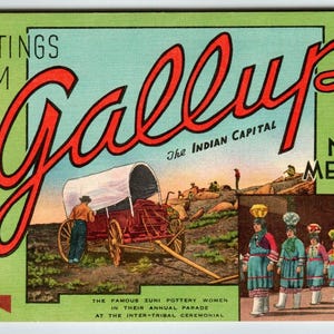 Greetings From Gallup New Mexico Large Letter Postcard Linen Zuni Stagecoach NM Unique Gift