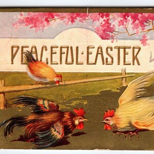 Friedliche Ostern Postkarte Hähne Hennen außerhalb Zaun geprägte antike Vintage