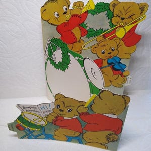 Carte de voeux de Noël ours bruns musiciens découpée pliable vintage cadeau unique