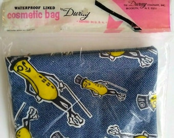 Vintage Mr. Peanut Cosmetic Bag: 1970s Duray Blue Fabric Zipper Pouch