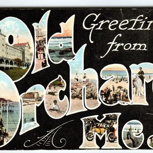 Salutations d'Old Orchard Maine Grande carte postale avec plusieurs vues des années 1920 Tichnor