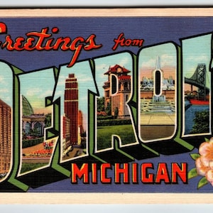 Saludos desde Detroit Michigan Grandes ciudades Carta Postal Lino Curt Teich Regalo único