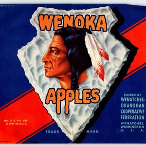Wenoka Apples Fruit Crate Label Original Vintage 1940&#39;s Wenatchee Washington USA