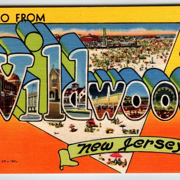 Hello Greeting From Wildwood New Jersey Linen Large Letter Postcard Beach Unused Unique Gift