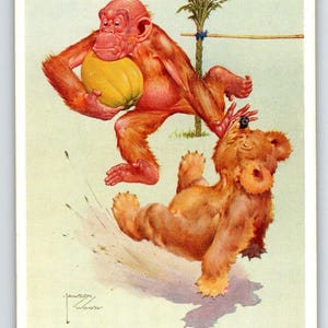 Monkey Bear Playing Football Postcard Larson Wood Signed Fantasy Anthropomorphic Unique Gift