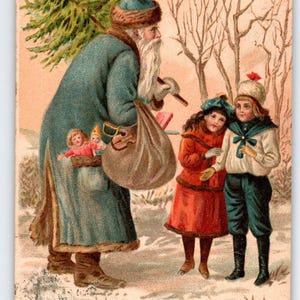 Nikolaus Weihnachten Postkarte Blau Anzug Mantel Baum Kinder Alte Welt Antik