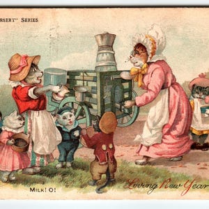 Louis Wain Milk O Dressed Cats 1905 Carte postale Nouvel An Fantasy Tuck série 8079
