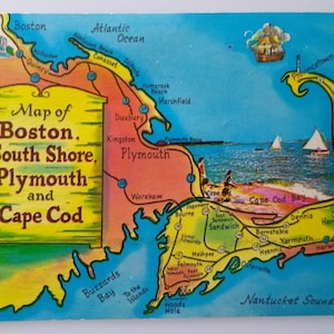 Boston South Shore Plymouth Cape Cod Massachusetts Map Chrome Postkarte 1969 Einzigartiges Geschenk Postkarte
