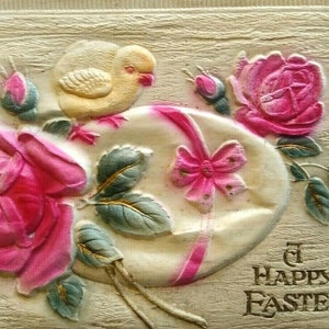 Vintage Easter Postcard Thick 3-D Raised Image Big Egg Roses Baby Chick Unused