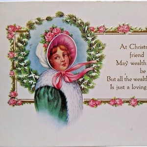 Christmas Postcard Victorian Women Holiday Wreath Whitney 1916 Embossed Vintage Unique Gift
