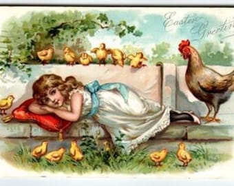Vintage 1908 Easter Postcard Girl with Chicks & Rooster Tuck's Series 111