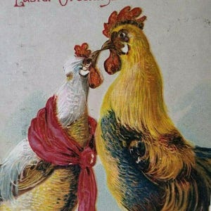 Easter Postcard Fantasy Dressed Kissing Roosters Anthropomorphic Vintage 1909 Unique Gift
