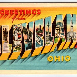 Salutations de Cleveland Ohio vintage grande grande lettre carte postale en lin City State