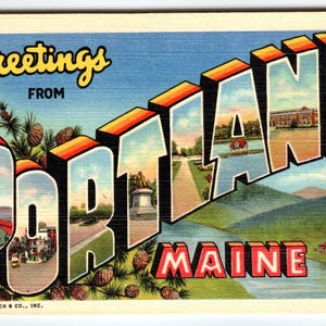 Grande carte postale grande lettre, Grande, grande lettre, Salutations de Portland, Maine, lin Curt Teich