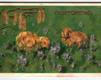 Vintage geprägte Osterpostkarte mit Küken & Blumen 1910 Deutschland