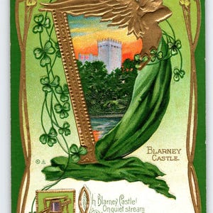 Carte postale de la Saint-Patrick, château de Blarney, trèfles de harpe dorés en relief Nash Irlande