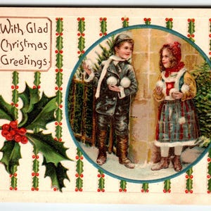 Carte postale de Noël enfants avec boules de neige Holly Stripe vintage gaufré Allemagne