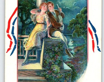 Antike Romanze Postkarte: Gitarrenserenade, Vollmond, geprägt
