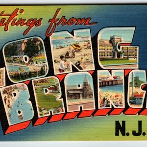 Salutations de la part de Long Branch Grande carte postale en lin du New Jersey pour la plage inutilisée Cadeau unique