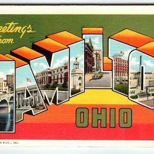 Grande carte postale avec lettre, Hamilton, Ohio, années 40, 1943, Linen Curt Teich