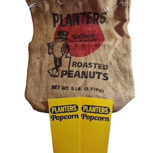 Planters Mr Peanut Vintage Burlap Roasted Nut 5 Pound Bag Sack + Popcorn Holder Unique Gift