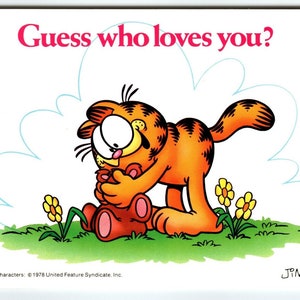 Garfield Cat Postkarte Guess Who Loves You Jim Davis 1978 unbenutztes Tabby Kitten
