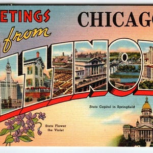 Salutations de Chicago, Illinois, années 40, grande carte postale en lin, grande lettre, vintage