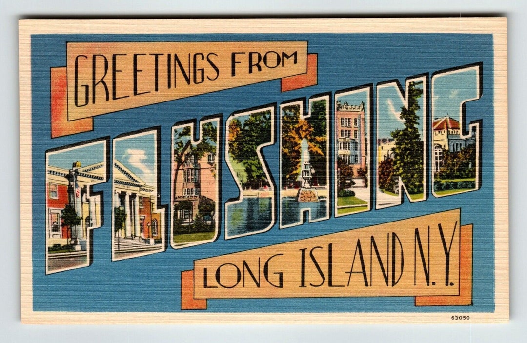 Greetings From Flushing New York Large Letter Linen Postcard Etsy