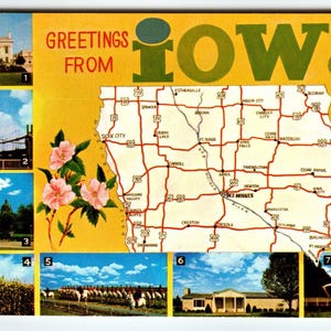 Carte postale de l'état de l'Iowa, drapeau chromé, chevaux, fermes, fleurs, vintage