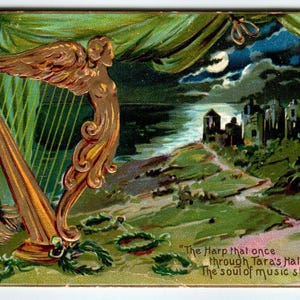 Carte postale de la Saint-Patrick, voeux irlandais, harpe, château de la lune, île d'émeraude, 1911, cadeau unique