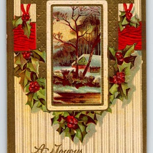 Christmas Postcard Embossed Poinsettias Flowers Cottage Series A No 24 Vintage Unique Gift