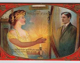 Vintage 1907-1915 Halloween Reflections Lithograph Postcard Woman Man & Mirror