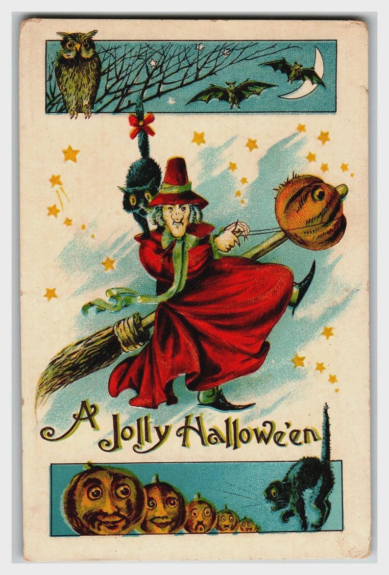 Vintage Halloween Postcard Witch Black Cat Jack-o'-lantern Embossed ...