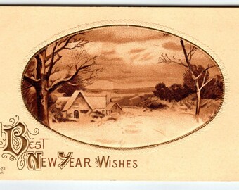 Best New Year Wishes Postcard Nash Series NY 72 Antique Oval Rustic Winter Scene