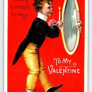 Carte postale de la Saint-Valentin Ellen Clapsaddle, un enfant tenant une bougie dans un miroir, 1912