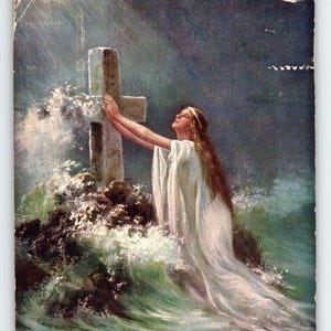 Easter Postcard Woman Kneeling In Sea Before Cross Light beaming Down Tuck 9378
