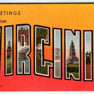 Carte postale en lin avec grandes lettres, Greetings From Virginia, Curt Teich, inutilisé