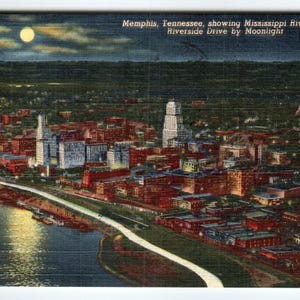 Vintage Memphis Tennessee Linen Postcard Mississippi River Moonlight