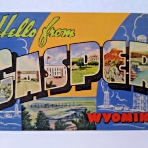 Salutations bonjour de Casper Wyoming carte postale grande grande lettre cadeau unique vintage inutilisé