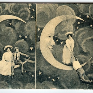 Carte postale en papier croissant de lune Cuillère dans la lune homme visage anthropomorphe 1910