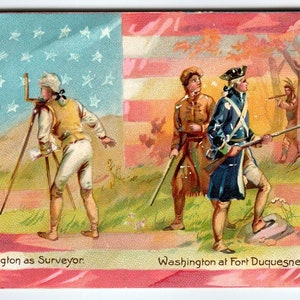 Carte postale patriotique George Washington Arpenteur-géomètre Fort Duguesne Tuck 124 Rifle Flag Carte postale