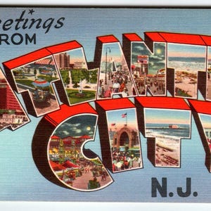 Salutations d'Atlantic City New Jersey Grande carte postale en lin grosse lettre rétro